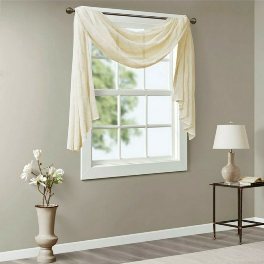 Madison Park Window Scarf "Irina" Embroidered Diamond Sheer Beige 50" x 144"
